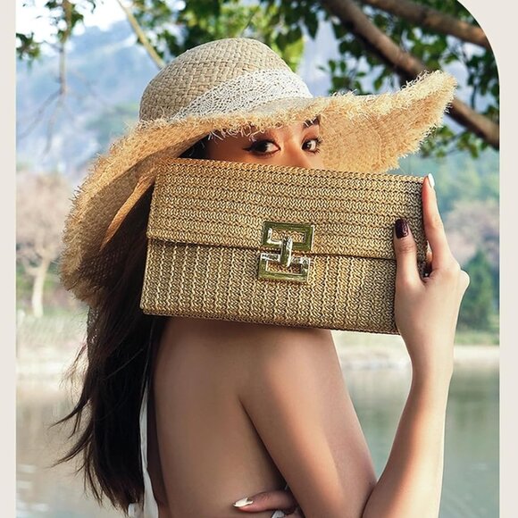 Summer Straw Clutch Women's Rattan Wicker Purse Beach Vacation Accessory - Picture 2 of 8
